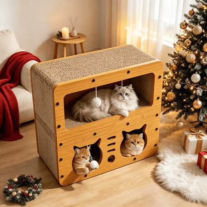 3-in-1 Wooden Cat Scratcher & Activity House – Multi-Level Scratch, Rest & Play Lounge with Teaser Balls